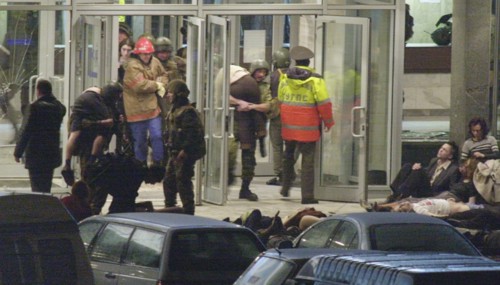 Moscow, russia,10/26/02, chechen hostage crisis: special forces personnel carry out the hostages, barayev and 35 terrorists including those with explosives attached to their bodies, were killed, the h...