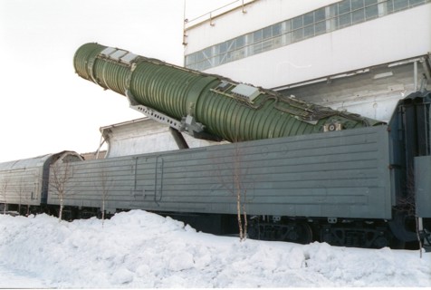 Russia, december 10 2002: picture shows an elevation of a solid-propellant intercontinental ballistic missile rs-22b (ss-24) installed on a combat railway missile complex , russian strategic missile f...