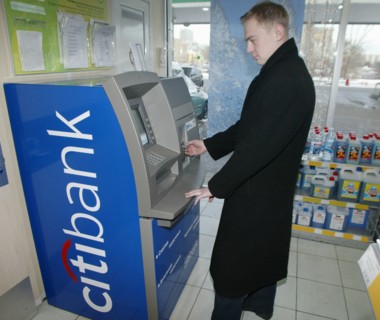 Russia, december 17 2002, one of automated teller machines of citibank installed on the premises of bp filling stations, besides dispensing cash the machines can manage any kind of non-cash money tran...