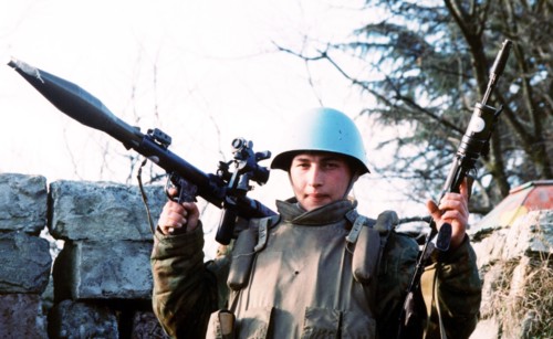 Georgia, january 26 2003: a servicemen is on guard at the 305th block-post of russian peacekeepers in georgia-abkhazia conflict zone