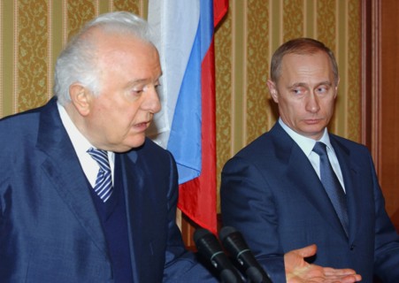 President vladimir putin (r) listensto his georgian counterpart eduard shevardnadze at their meeting in sochi on friday, the presidents discussed ways for a settlement in abkhazia, march 3, 2003.