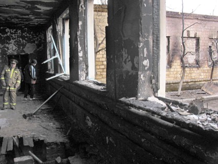 Makhachkala, russia, april 10, 2003 , picture shows the place of tragedy in a boarding school for deaf and dumb children which was ablazed on thursday having killed 28 people , over a hundred children...