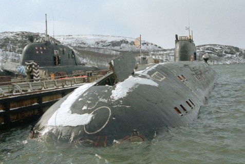 Russian nuclear-powered sub polyarnyye zori of the northern fleet pictured upon her return to the naval base in the murmansk region after having successfully completed her training mission, murmansk, ...