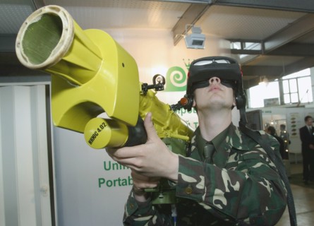 Caption: tas 34, minsk, belarus, may 13, 2003, an electronic computerized simulator of the portable aa missile complex (in picture) developed by the beltechexport firm is displayed at the 'milex-2003'...