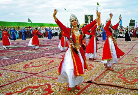 Turkmenia, a turkmen folk dance ensemble performing at the inauguration of the atamurat railway station (kerki) in september 1999.