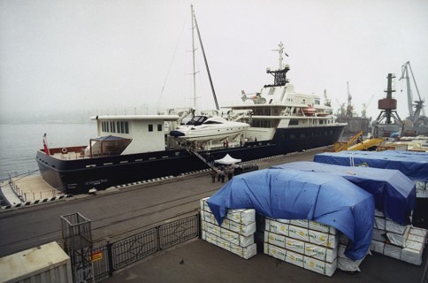 One of chukotka governor roman abramovich's fleet of mega-yachts moored in vladivostok harbor in russia, 2006.