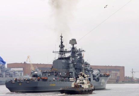 Destroyer besstrashny leaving water area of the zvyozdochka shipyard in severodvinsk after repair, the destroyer heads to its base in severomorsk, northern fleet, arkhangelsk region, russia, july 22,2...