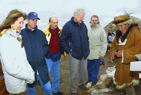 Roman abramovich, governor of chukotka region (2nd from left), visit of iceland president ragnar grimsson to chukotka, russia, august 22, 2003.