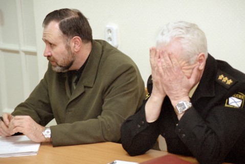 The north sea fleet commander gennady suchkov (r) and his lawyer vladimir cherkasov (l) in the court room of severomorsk garrison court, court hearings of the case of k-159 submarine accident began to...