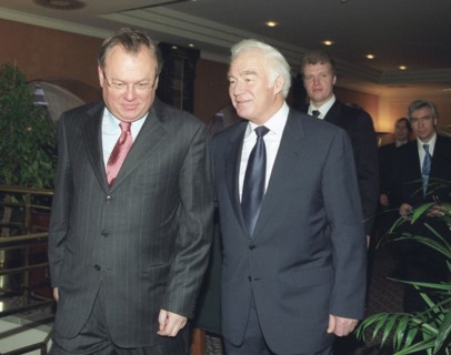Russian railways president gennady fadeyev (r) and president of vneshtorgbank andrei kostin prior to a meeting of representatives of the russian railways state controlled company with investors and ba...