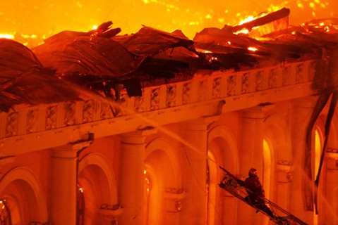 April 2004: devastating fire at central manezh exhibition hall, moscow, russia.