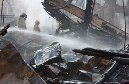 April 2004: aftermath of devastating fire at central manezh exhibition hall, moscow, russia.