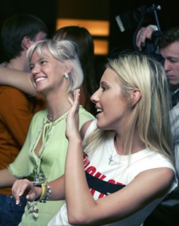 Pop singer natasha ionova aka glyukoza (l) and kseniya sobchak, the wealthy daughter of anatoly sobchak, a leading democratic reformer in the late-1980s, smile during the durak card game tournament at...