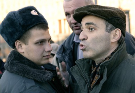 Garry kasparov (right), leader of the united civil front, is pictured at the “protest march of those who disagree” at the stone from solovki (a monument to the victims of gulag) in lubyanka square (wh...