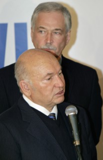 Moscow mayor yuri luzhkov (front) speaks as leader of the united russia party boris gryzlov listens during a press conference dedicated to the outcome of the 6th united russia party congress in krasno...