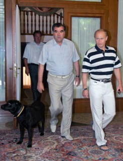 Russian president vladimir putin, tajikistan president emomali rakhmonov and russian presidential aide sergei prikhodko (r-l) seen during their meeting at the bocharov ruchei residence on black sea co...