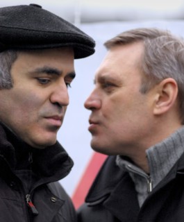 Head of the united civil front, garry kasparov, left, and leader of the russian people's democratic union mikhail kasyanov seen during an opposition protest rally dubbed the 'march of those who disagr...