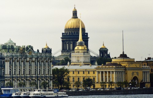 The admiralty and st, isaac's cathedral on the palace embankment on the neva river in st, petersburg, russia.