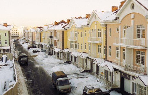 A newly built residential district of moscow called kurkino which consists of apartments and single-family townhouses, russia, february 2003.