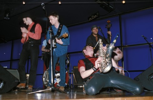 Popular moscow rock band mister twister performing on stage, moscow, russia, 1995.