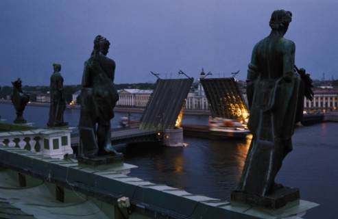 Bridge over the river neva at night, st, petersburg, russia, 1997.
