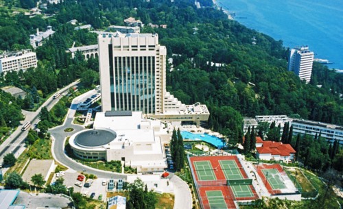 Aerial view of hotel lazurny in sochi, on the black sea coast, krasnodar region, russia.