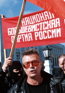 Eduard limonov, leader of the national bolshevik party, protesting the peace agreement with chechen seperatists, october 1996, moscow.