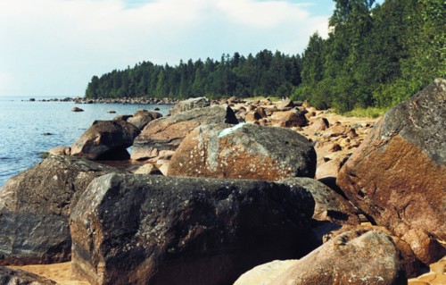 The shore of lake ladoga in karelia, russia.