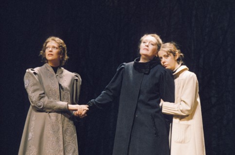 Yelena mayorova (masha), olga barnet (olga), and polina medvedeva (irina) in a scene from a 1997 production of anton chekhov's 'three sisters', moscow, russia.