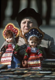 Moscow, russia, souvenir seller on vorobyovy hill.