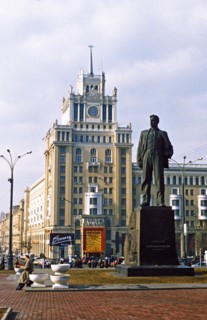 Mayakovsky square, moscow, russia, monument to writer mayakovsky with the peking hotel in the background.