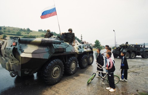 Russian peacekeeping troops arriving in the us/nato controlled area of kosovo in former yugoslavia, june 1999.