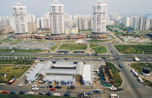 The newly built maryino residential district in moscow, russia, the lyublinskaya metro station is in the foreground, 1999.