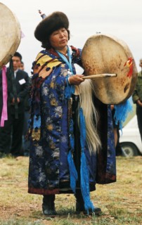 Nadezhda stepanova, the leader of the buryat shamans, buryatia, siberia, russia, 1999.