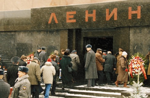People visiting lenin's tomb in red square, moscow, russia, november 1999.
