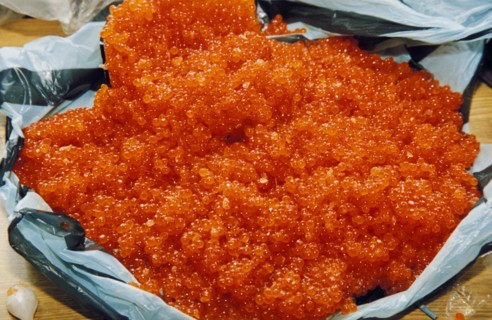 Home-processed caviar from poached fish stock, south kurils, sakhalin region, russia.