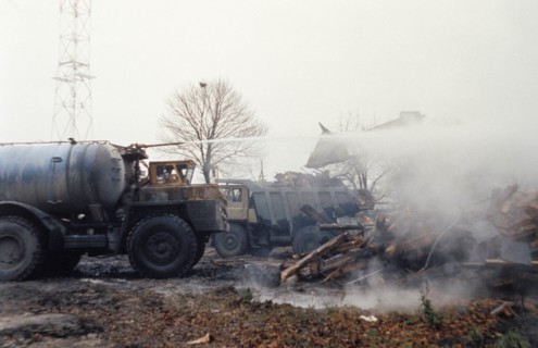 Radiation decontamination efforts in the village of andreyevka after the accident at the chernobyl aps, ukraine, ussr, march 1991.