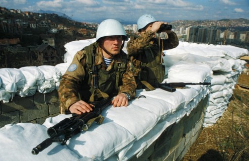Russian un troops at an observation post in sarajevo, bosnia, april 1994.