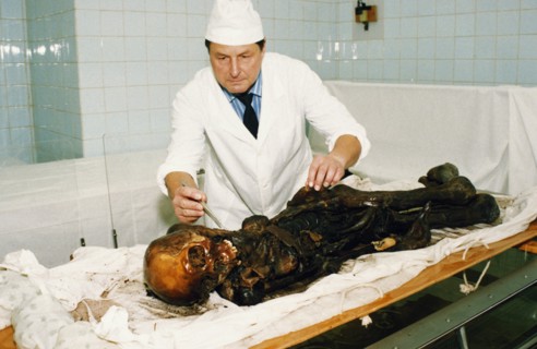 A scientist examining a 2,500 year old tattooed female mummy of a scythian princess (known as 'black beauty') found frozen in the permafrost of the ukok plateau, pasryk region, siberia, russia, 1994.