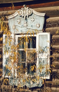 A window on a wooden house on kirov street in yakutsk, yakutia, siberia, russia.