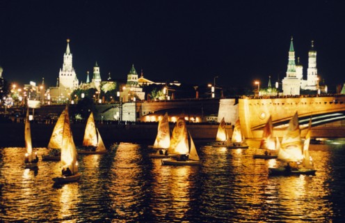 A yacht show on the moskva river during the day of the city celebration in moscow, russia, september 2001.