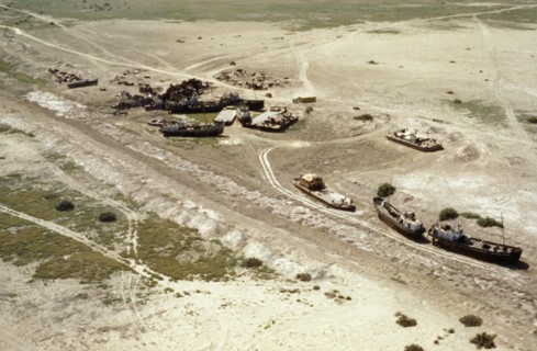 Aerial view of ships left high and dry as the aral sea dried up, 1990s.