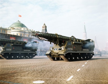 Motorized ballistic missile launchers bearing scud a tactical nuclear missiles at a military parade in red square celebrating the anniversary of the great october socialist revolution on november 7, m...