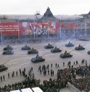 Moscow, november 7, 1985, soviet t-34 tanks on parade in red square in honor of the 40th anniversary of victory in world war ll.