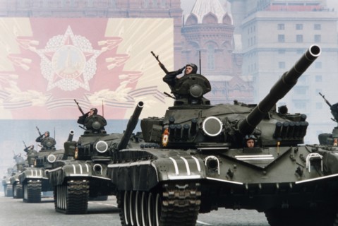 Soviet t-80 tanks at a victory day parade in red square celebrating the 40th anniversary of the end of world war ll, may 9, 1985.