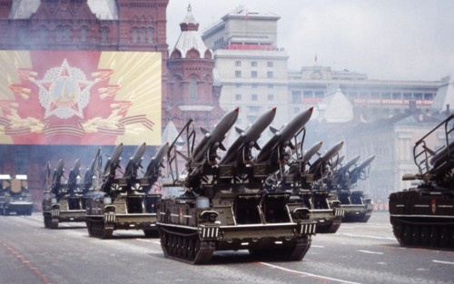 Motorized missile launchers carrying sa-4 surface -to-air missiles at a victory day parade in red square celebrating the 40th anniversary of the end of world war ll, may 9, 1985.