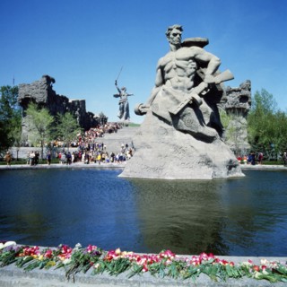 Mamayev hill, a memorial to the defenders of stalingrad during world war ll in volgograd, russia, 'motherland is calling' statue is in the background at the top of the hill.