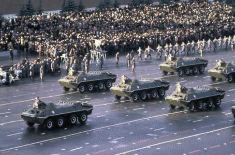 Moscow, november 7, 1980, btr-70 armored troop carriers on parade in red square.