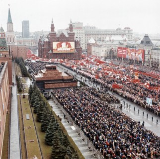 May day celebration in red square in 1980, moscow, ussr.