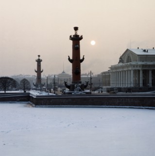 Pushkin square on vasilevsky island on the neva river in winter, st, petersburg, russia.